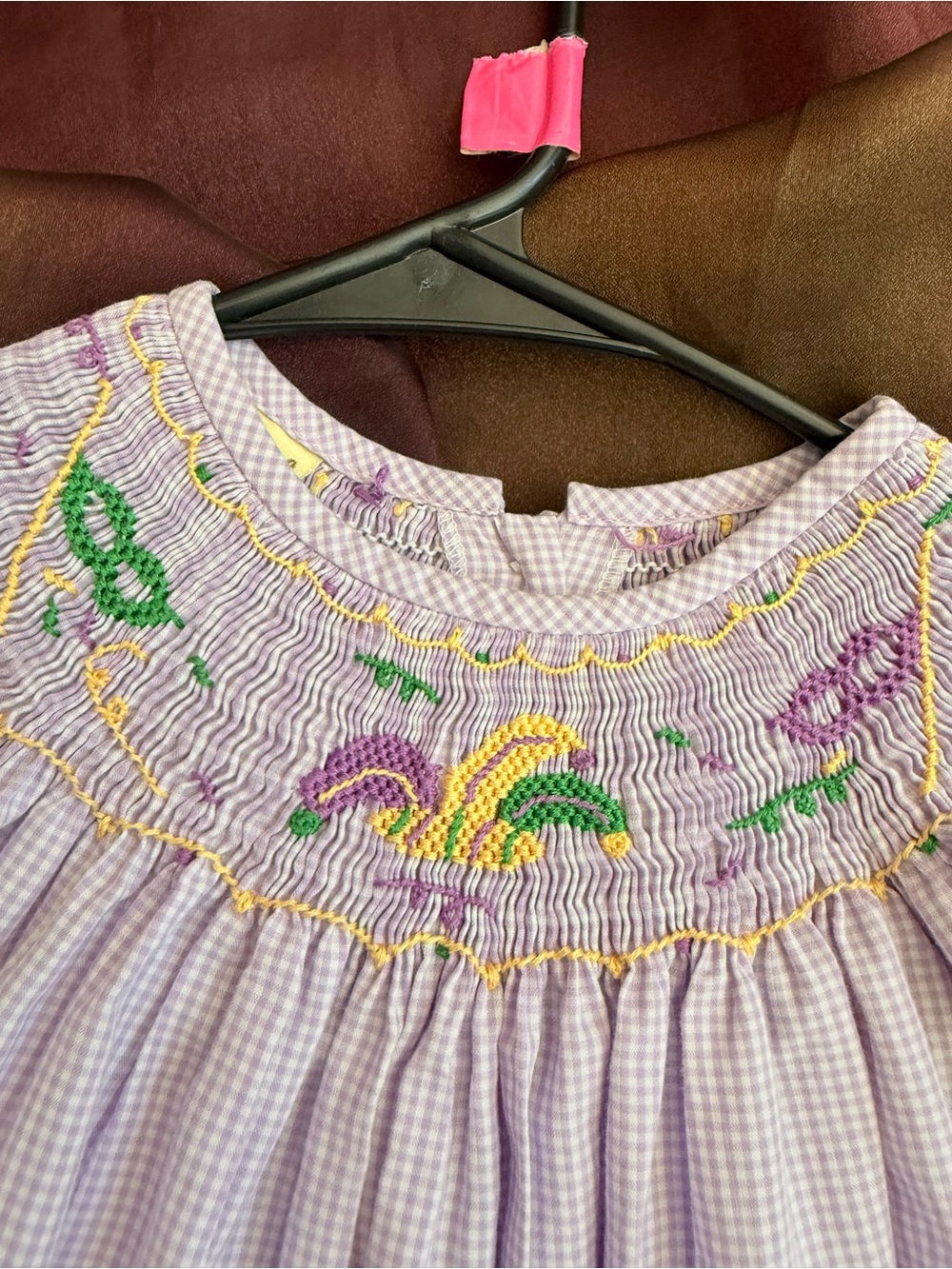 Lavender Gingham Smocked Mardi Gras Dress Embroidery